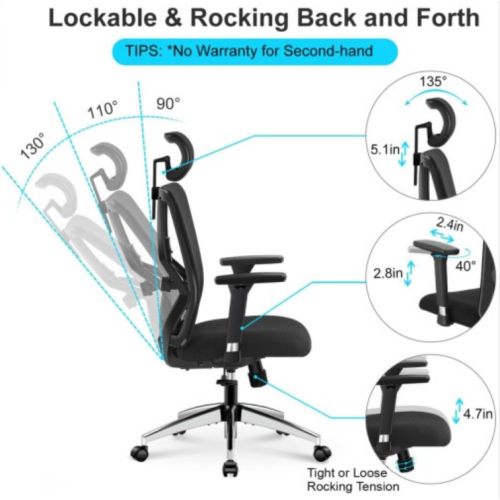 Ticova Ergonomic Office Chair - High Back Desk Chair with Adjustable Lumbar Support & 3D Metal Armrest - 130°Reclining & Rocking Mesh Computer Chair with Thick Seat Cushion & Rotatable Headrest