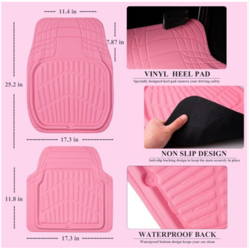 CAR PASS Leather Car Floor Mats -3D Waterproof All Weather, Universal Trim to Fit & Anti-Slip Burr Bottom Safety & Light Easy Clean Install for SUV Truck Auto (Pink) 4 Piece Sedan Van