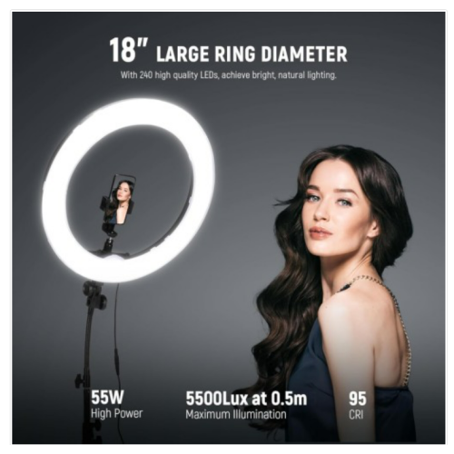 NEEWER Ring Light 18inch Kit: 55W 5600K Professional LED with Stand and Phone Holder, Soft Tube & Bag for Tattoo Lash Extension Barber Makeup Artist Studio Video Photography Lighting, RL-18