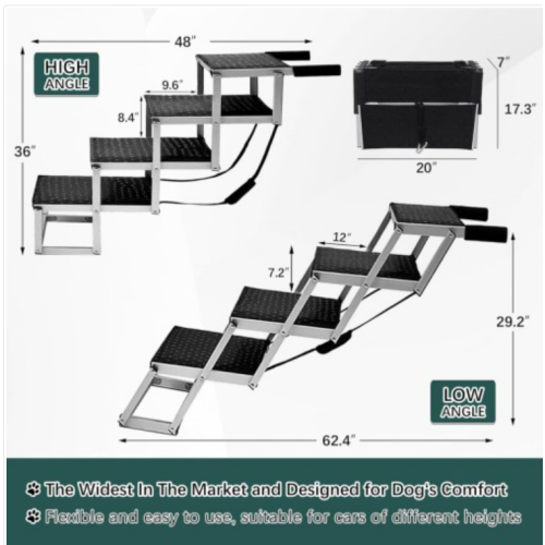 Extra Wide Dog Ramps for Large Dogs,Dog Car Ramp with Non-Slip Surface,Portable Aluminum Foldable Dog Steps,Lightweight Dog Stairs for Cars SUV, High Beds & Trucks, Supports up to 250 lbs, 4 Steps