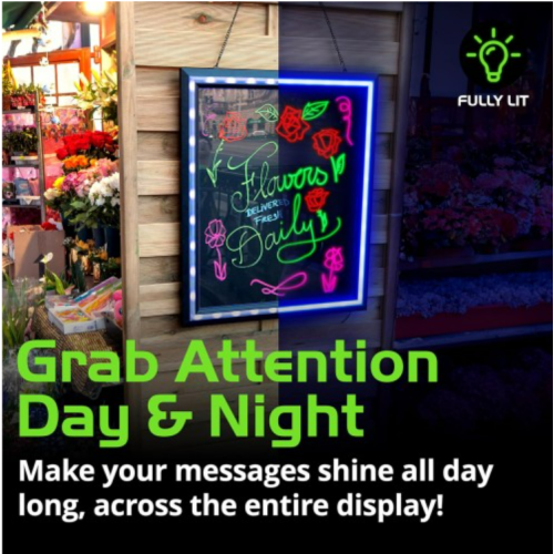 Green Light LED Message Writing Board with 8 Border Color Options, 23"L x 27"W