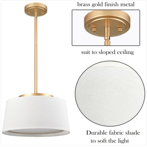 HYDELITE Drum LED Pendant Light Gold Hanging Pendant Light Fixture with Fabric Linen Shade 3000k/4000k/5500k,24W,1600LM