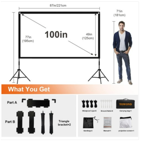 Projector Screen and Stand, Towond 100 inch Portable Movie Screen Indoor Outdoor 16:9 4K HD Front Rear Projection Screen with Carry Bag Wrinkle-Free and Foldable Design for Backyard Movie Night