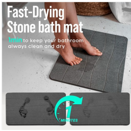 Luxury Stone Bath Mat - Quick-Drying Diatomaceous Earth Shower Mat for Bathroom, Non-Slip & Absorbent, Easy to Clean, Stylish & Durable, Instant Dry, Water-Absorbing Bathstone Mat (Grey)