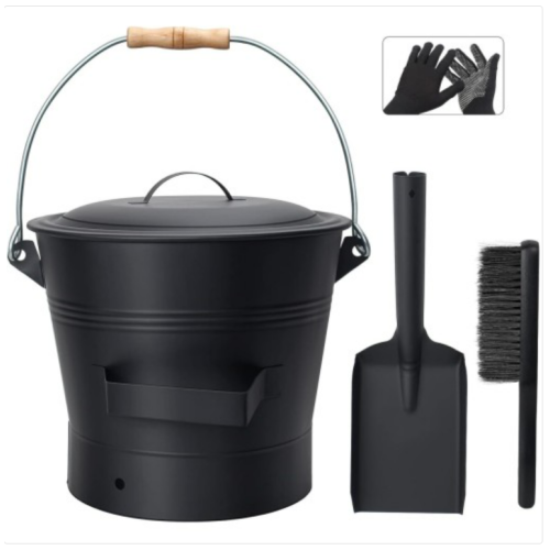 BRIAN & DANY Ash Bucket with Lid, 2.6 Gallon Fireplace Ash Bucket with Shovel and Hand Broom, Metal Bucket for Fireplace, Fire Pit, Wood Burning Stove