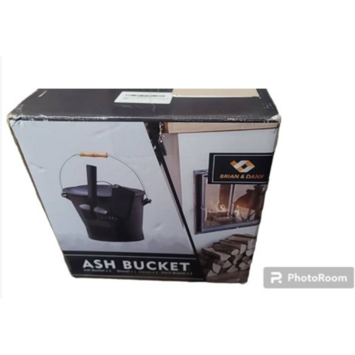 BRIAN & DANY Ash Bucket with Lid, 2.6 Gallon Fireplace Ash Bucket with Shovel and Hand Broom, Metal Bucket for Fireplace, Fire Pit, Wood Burning Stove