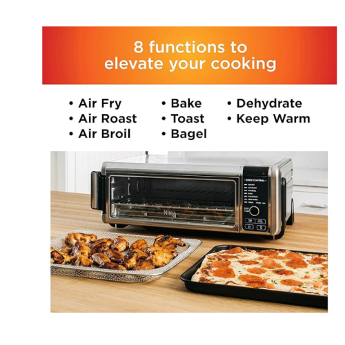 Ninja SP101 Digital Air Fry Countertop Oven with 8-in-1 Functionality, Flip Up & Away Capability for Storage Space, with Air Fry Basket, Wire Rack & Crumb Tray, Silver