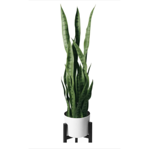 flybold Artificial Fake Snake Plants - Faux Indoor Plant - Modern Decor Artificial House Plant - Large Faux Sansevieria Plant with 28 Tall Leaves - Includes White Pot and Tripod - Green - 36in