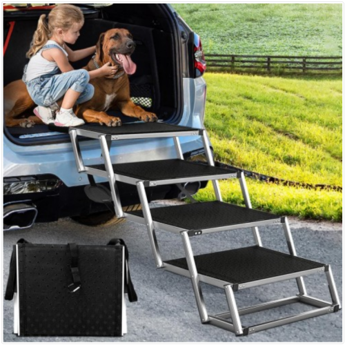 Extra Wide Dog Ramps for Large Dogs,Dog Car Ramp with Non-Slip Surface,Portable Aluminum Foldable Dog Steps,Lightweight Dog Stairs for Cars SUV, High Beds & Trucks, Supports up to 250 lbs, 4 Steps