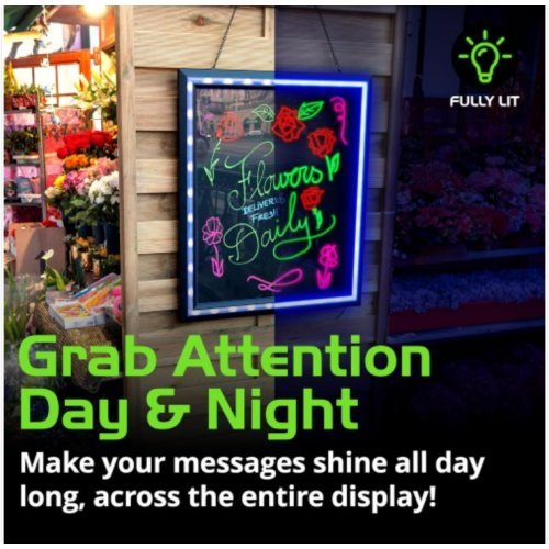 Green Light LED Message Writing Board with 8 Border Color Options, 23"L x 27"W