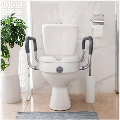 RMS Raised Toilet Seat - 5 Inch Elevated Riser With Adjustable Padded Arms - Toilet Safety Seat For Elongated Or Standard Commode