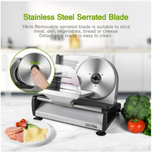 OSTBA SL-518 Electric Deli Food Slicer with Child Lock Protection, Removable 19cm Stainless Steel Blade and Food Carriage, 0-15mm Adjustable Thickness Food Slicer Machine for Meat, Cheese, Bread,150W