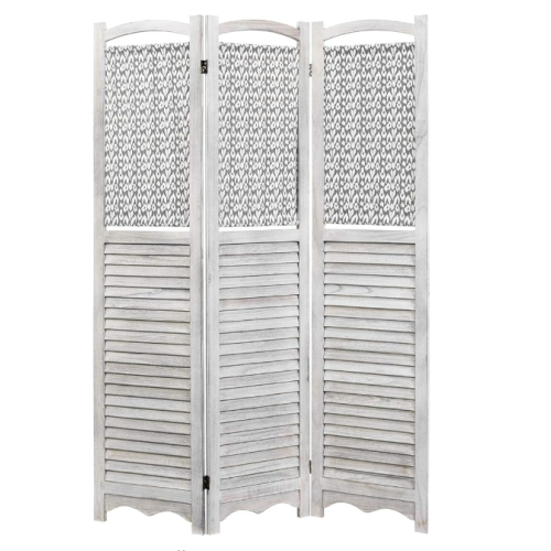 MyGift 3-Panel Louvered Rustic Gray on White Room Divider with Wood Frame & Decorative Fabric Screen