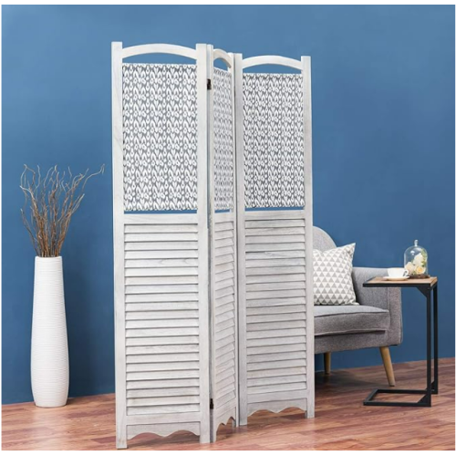 MyGift 3-Panel Louvered Rustic Gray on White Room Divider with Wood Frame & Decorative Fabric Screen