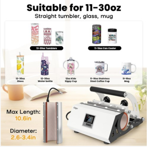 Tumbler Heat Press Machine for 20oz-30oz Sublimation Blanks Tumblers Press, 11-16oz Mug Press with Sublimation Paper Heat Tape & Gloves, Coffee Mugs Cup Press Glass Water Bottle DIY Heat Transfer