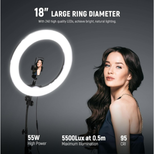 NEEWER Ring Light 18inch Kit: 55W 5600K Professional LED with Stand and Phone Holder, Soft Tube & Bag for Tattoo Lash Extension Barber Makeup Artist Studio Video Photography Lighting, RL-18