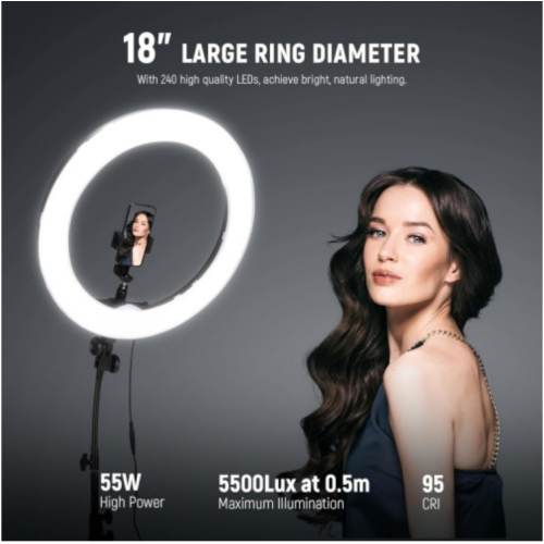 NEEWER Ring Light 18inch Kit: 55W 5600K Professional LED with Stand and Phone Holder, Soft Tube & Bag for Tattoo Lash Extension Barber Makeup Artist Studio Video Photography Lighting, RL-18