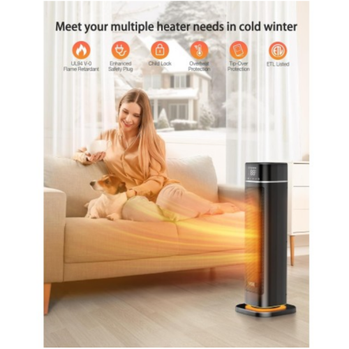 Space Heater,VCK 24" 12ft/s Fast Quiet Heating Portable Electric Heater with Remote, Night Light,80° Oscillation,4 Modes,Overheating&Tip-Over Protection, Ceramic Heater for Bedroom,Office&Indoor Use