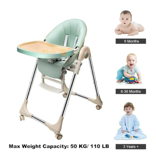 Ezebaby Baby High Chair for Toddlers, Foldable with Adjustable Seat Heigh Recline, Portable Babies and Toddler 4 Wheels, Infant Removable Tray(Green)