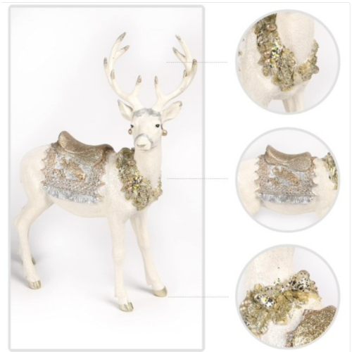 Reindeer-Figurine Christmas-Decorations Standing Deer Statue - Cream and Gold Collectible Table Desk Decor 12L x 5.5W x 15.7H inch Neman House Studio