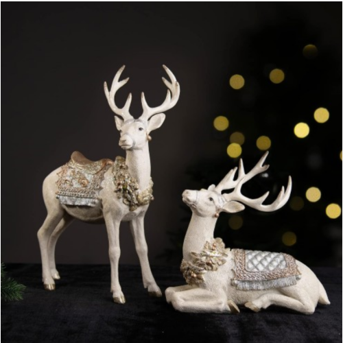 Reindeer-Figurine Christmas-Decorations Standing Deer Statue - Cream and Gold Collectible Table Desk Decor 12L x 5.5W x 15.7H inch Neman House Studio