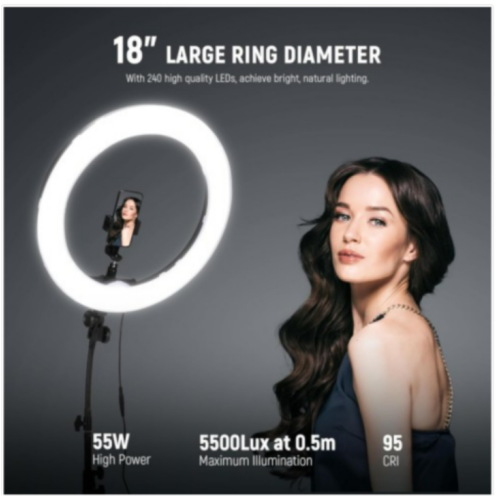 NEEWER Ring Light 18inch Kit: 55W 5600K Professional LED with Stand and Phone Holder, Soft Tube & Bag for Tattoo Lash Extension Barber Makeup Artist Studio Video Photography Lighting, RL-18