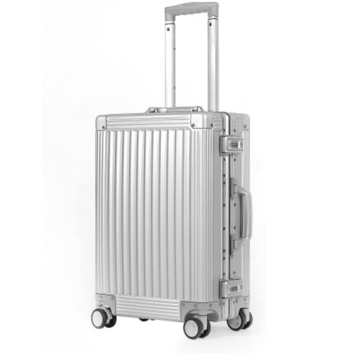 DOMINOX All Aluminum Carry On Luggage Hard Shell Luggage Aluminum Suitcase for Travel Zipperless Luggage Checked Luggage with Silent 360° Spinner Wheels 20 In. (Vertical Grain Style, Sliver)