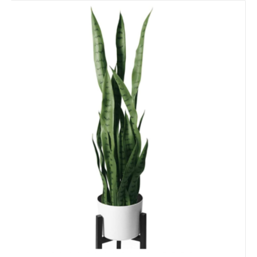 flybold Artificial Fake Snake Plants - Faux Indoor Plant - Modern Decor Artificial House Plant - Large Faux Sansevieria Plant with 28 Tall Leaves - Includes White Pot and Tripod - Green - 36in