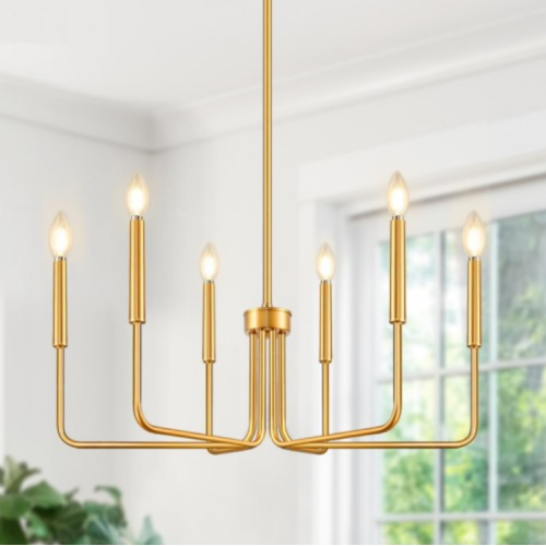 Gold Chandelier, 6-Light Farmhouse Chandelier for Dining Room Lighting Fixtures Hanging, Dining Light Fixtures Industrial Modern Chandelier for Bedroom, Foyer, Hall, Porch, Living Room and Entrywa