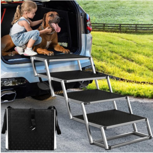 Extra Wide Dog Ramps for Large Dogs,Dog Car Ramp with Non-Slip Surface,Portable Aluminum Foldable Dog Steps,Lightweight Dog Stairs for Cars SUV, High Beds & Trucks, Supports up to 250 lbs, 4 Steps