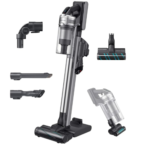 Samsung Jet 90 Cordless Stick Vacuum Long Lasting Battery and 200 Air Watt Suction Power, Complete with Telescopic Pipe, Titan ChroMetal