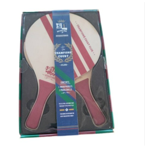 Champions Court Club 2 Wooden Paddles & 2 Balls NEW IN BOX Burgundy