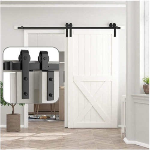 skysen 6FT Heavy Duty Sliding Barn Door Hardware Single Track Bypass Double Door Kit Black(Bypass J Shape-1)