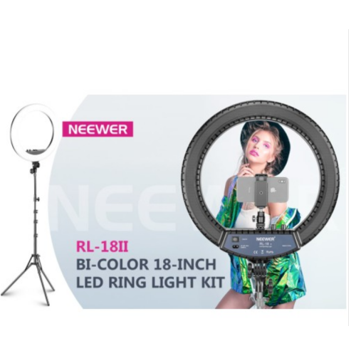 Neewer RL-18II Bi-color 18-inch LED Ring Light with Stand 55W 3200-5600K Dimmable Light with Max. 61.8inch Stand, Remote Phone Holder and Carry Bag for Live Stream Makeup Selfie YouTube Video Shooting