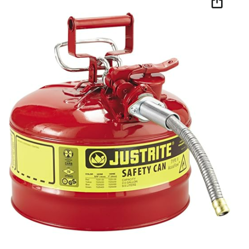 Justrite 7225120 AccuFlow 2.5 Gallon, 11.75" OD x 12" H Galvanized Steel Type II Red Safety Can With 5/8" Flexible Spout