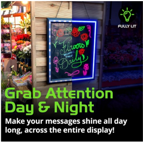 Green Light LED Message Writing Board with 8 Border Color Options, 23"L x 27"W