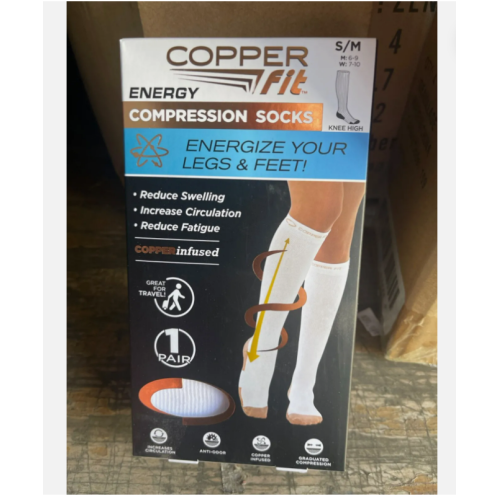 1 Pair Copper Fit Unisex Energy Compression Socks S/M Men 5-9 Women 6-10 White