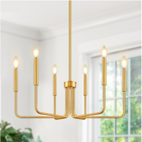 Gold Chandelier, 6-Light Farmhouse Chandelier for Dining Room Lighting Fixtures Hanging, Dining Light Fixtures Industrial Modern Chandelier for Bedroom, Foyer, Hall, Porch, Living Room and Entrywa