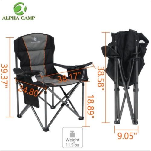 ALPHA CAMP Oversized Camping Folding Chair, Heavy Duty Support 450 LBS Steel Frame Collapsible Padded Arm Chair with Cup Holder Quad Lumbar Back, Portable for Outdoor,Black