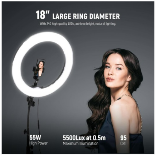 NEEWER Ring Light 18inch Kit: 55W 5600K Professional LED with Stand and Phone Holder, Soft Tube & Bag for Tattoo Lash Extension Barber Makeup Artist Studio Video Photography Lighting, RL-18