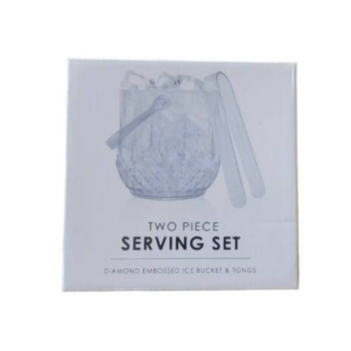 Diamond Embossed 2 Piece Serving Ice Bucket & Tong Set Shatter Resistant Clear