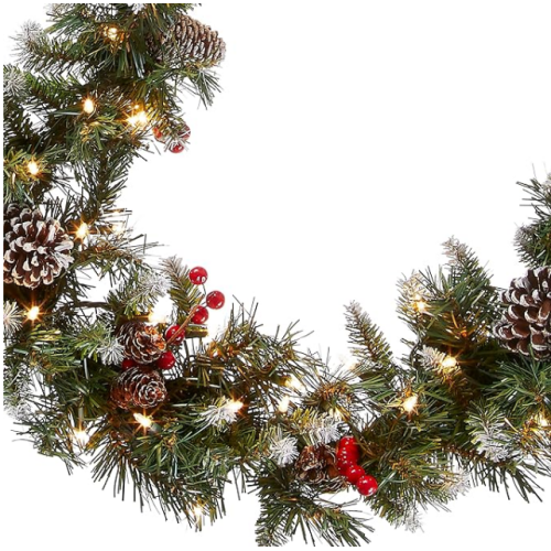 National Tree Company Pre-Lit Artificial Christmas Garland, Green, Frosted Berry, White Lights, Decorated with Pine Cones, Berry Clusters, Plug In, Christmas Collection, 9 Feet