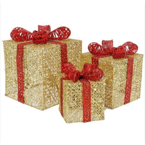 Sunnyglade Set of 3 Christmas Lighted Gift Boxes with Bows Present Boxes for Christmas, Weddings Yard Home Holiday Art Decorations (Gold)