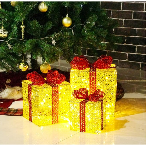 Sunnyglade Set of 3 Christmas Lighted Gift Boxes with Bows Present Boxes for Christmas, Weddings Yard Home Holiday Art Decorations (Gold)