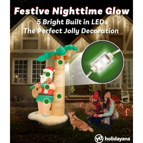 Holidayana Hula Santa Christmas Inflatable - 8 ft Tall Hula Santa on Beach Christmas Inflatable Outdoor Yard Decoration with LED Lights, Fan, and Stakes