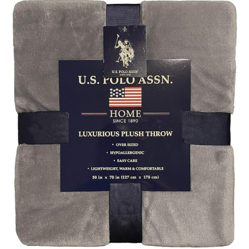 U.S. Polo Assn. Oversized Lightweight Throw Blanket for Bed/Sofa - Soft Fleece Couch Blankets and Throws - Cozy Decorative Bedding - 50"x70"/Grey