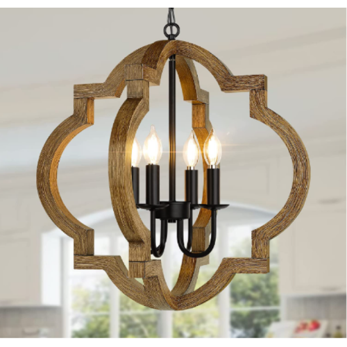 Farmhouse Wood Chandelier, 4-Light Rustic Dining Room Light Fixture, Orb Chandelier Light Adjustable Hanging Chain, Black Chandelier for Kitchen Island Foyer Over Dining Table, Bulb Not Included