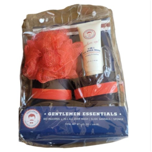 GENTLEMEN ESSENTIALS 4 IN 1 ALL OVER WASH SLIDE SANDALS RED SPONGE 4 OZ SET