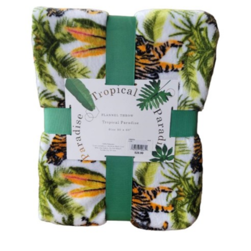 Tropical Paradise Flannel Throw Blanket. Palm & Tiger Print