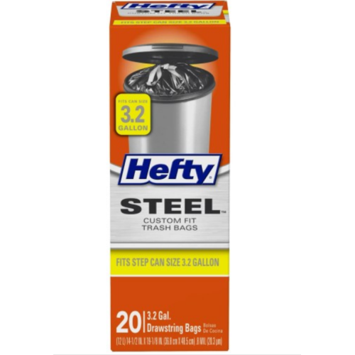 Hefty Steel Custom Fit B Size Drawstring Trash Bags, Black, Unscented 20 Ct